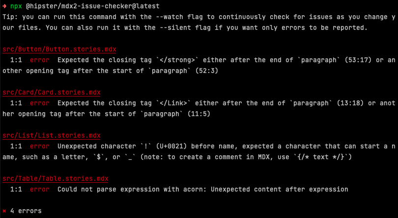 Terminal output of mdx2-issue-checker, showing errors found
